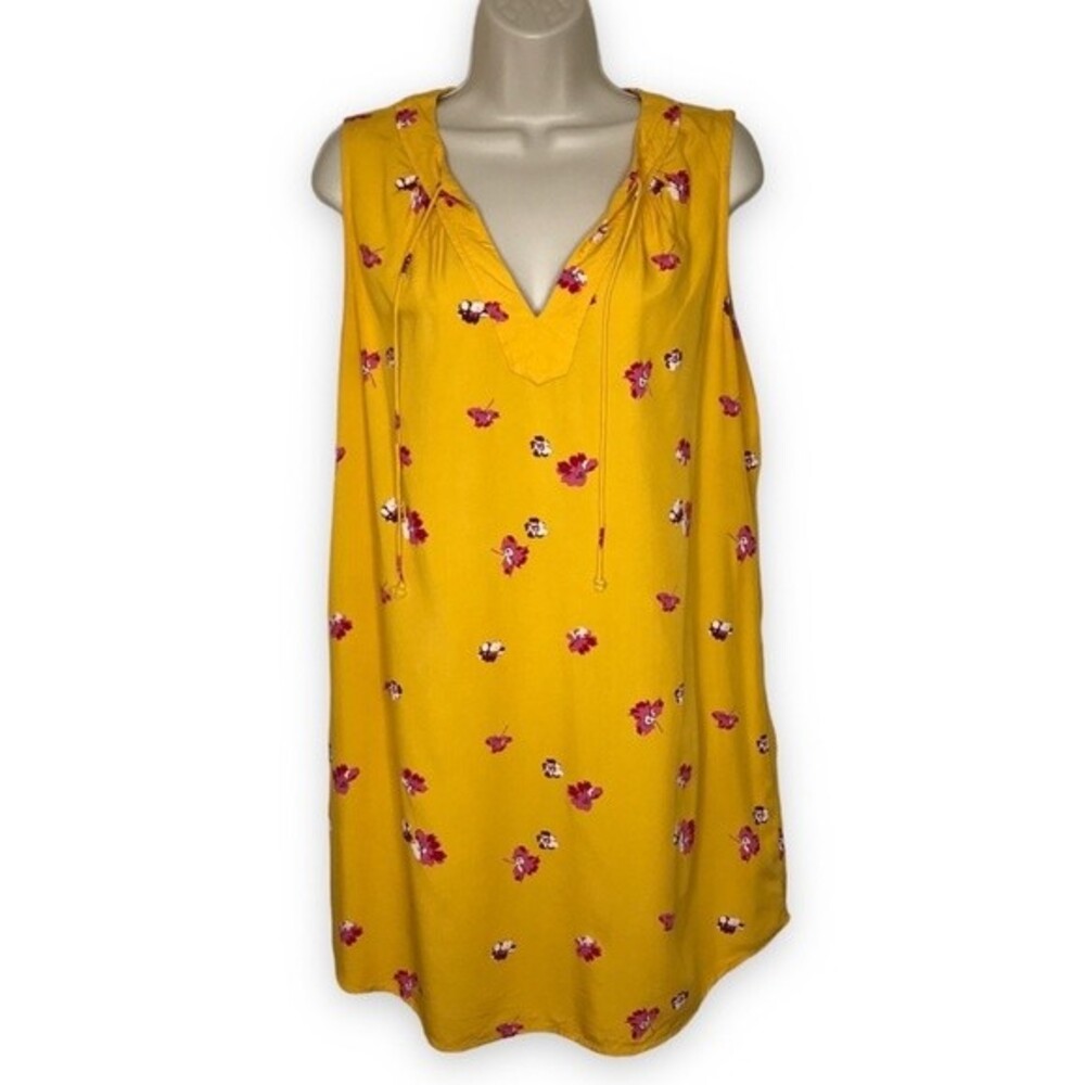 Old Navy Yellow Floral Sleeveless Split Neck Tie Close Shift Dress Women Medium